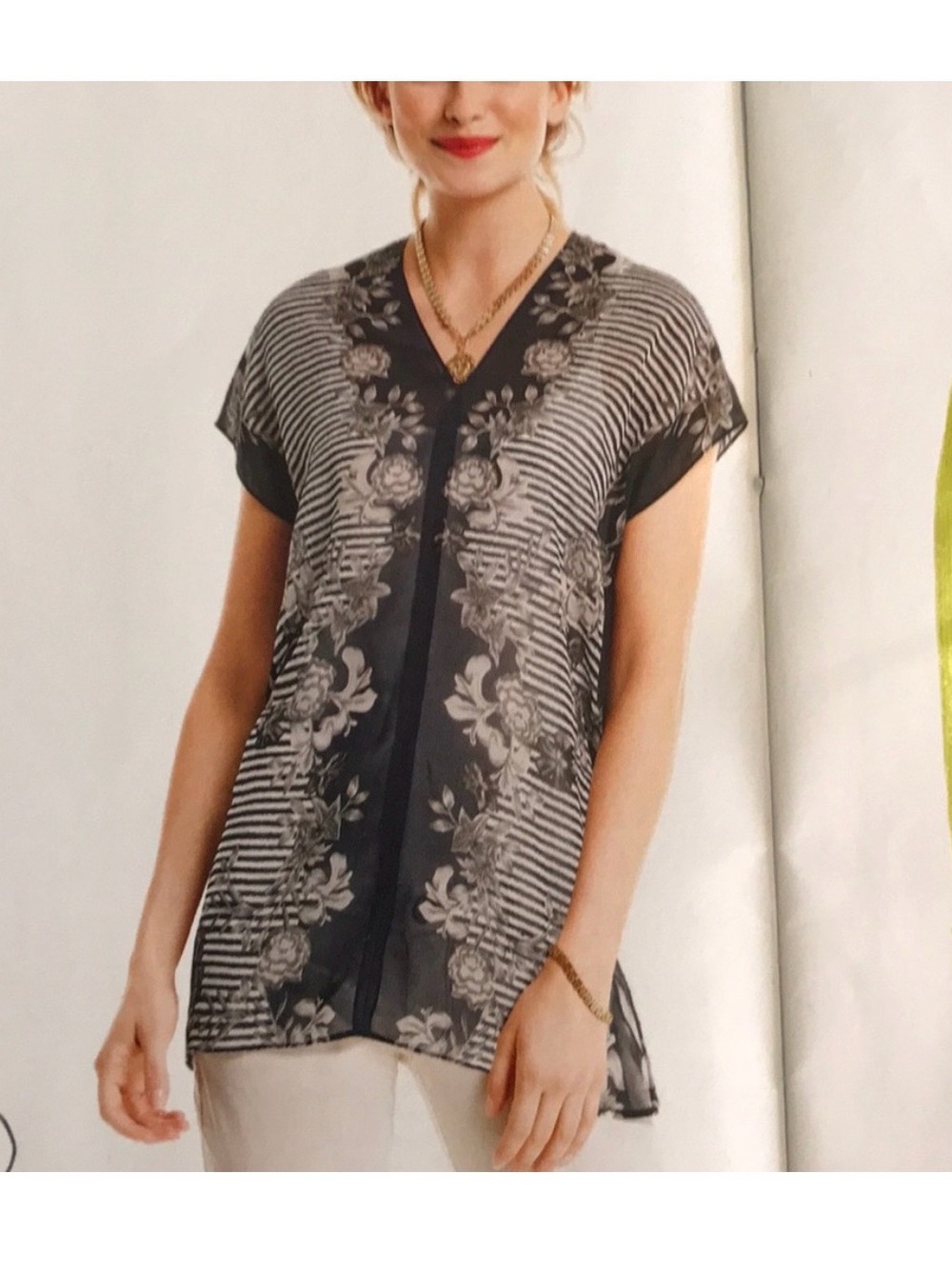 CAbi Navy and White Floral-Stripe V-Neck Tunic